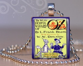 The Wonderful Wizard of Oz Vintage Book Cover Necklace Pendant -  Dorothy Tin Man Lion Scarecrow Wood Scrabble Charm Jewelry