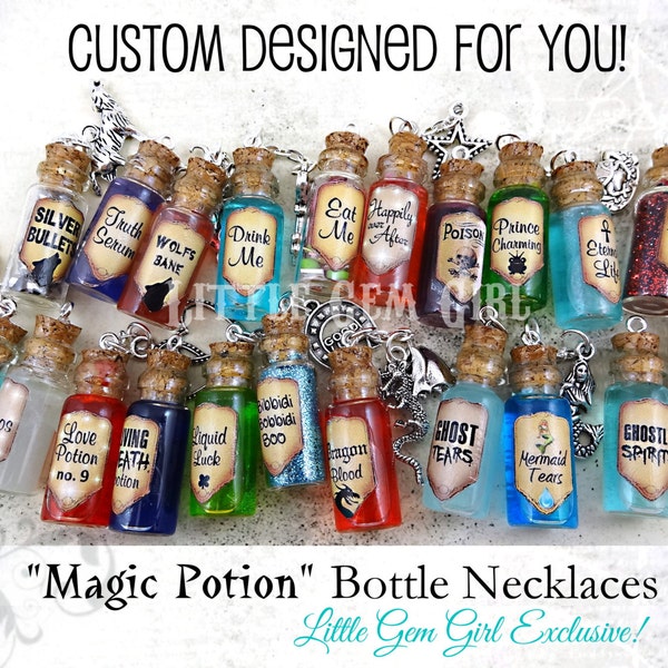 Collier de bouteille de potion magique - 1 CUSTOM You Design collier de liège de bouteille de verre - charme de fiole de potion - miroitement liquide ou paillettes - sorts magiques