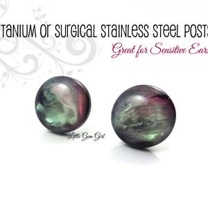 8mm, 10mm or 12mm Black Galaxy  Earrings - Faux Green Pink Black Pearl Stud Earrings - Titanium or Stainless Steel Studs - Tiny Black Studs