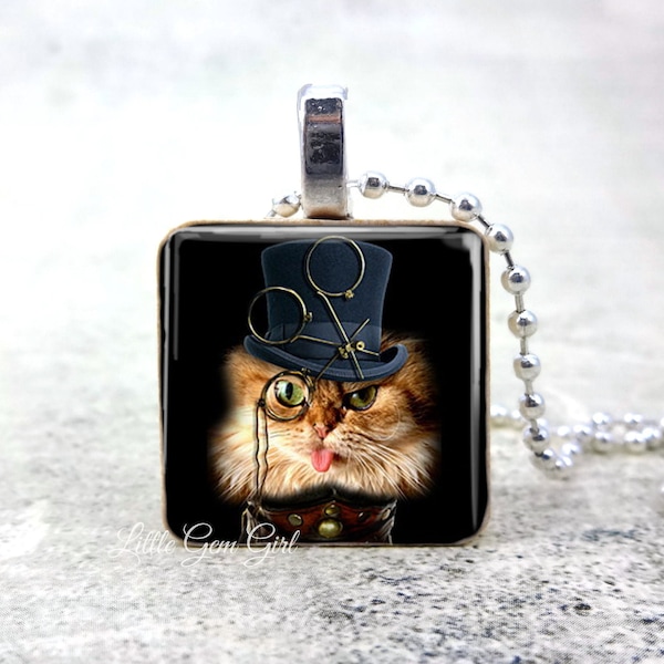 Cat Necklace Charm - Steam Punk British Fancy Cat Necklace Pendant - Funny Cat Top Hat Monocle 1 inch Wood Tile Pendant