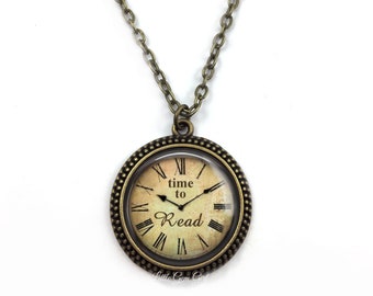 Tijd om boek minnaar ketting te lezen - vintage klok hanger - leraar bibliothecaris ketting - boekenclub cadeau