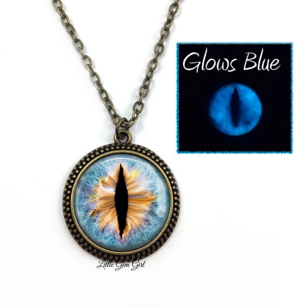 Cat Eye Necklace Custom Glow in the Dark - Glass - 25 Colors Available - Brass - Realistic Animal Dragon Eyeball Pendant - Steampunk Gothic