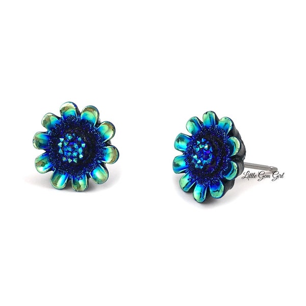 12mm Iridescent Blue Green Aqua Flower Stud Earrings Titanium or Stainless Steel Studs for Sensitive Ears - Peacock Flower Earrings