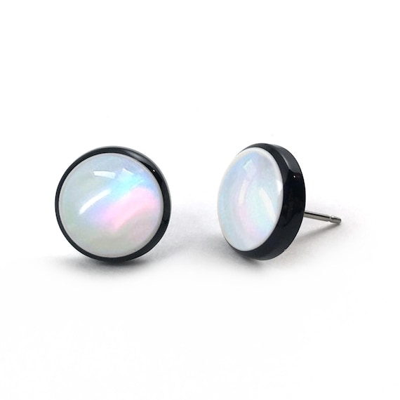 12mm Iridescent Pearl Rainbow Stud Earrings with Black Edge – Titanium or Stainless Steel Posts – Hypoallergenic White Opal Look Jewelry