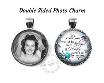 Wedding Bouquet Photo Memorial Charm - Double Sided Pendant - Custom Picture Heaven Poem on Back - In Memory Something Blue
