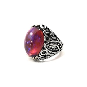 13x18mm Czech Glass Mexican Fire Opal Ring - Antique Silver Thick Swirl Band Dragons Breath Ring - Unisex Men Women