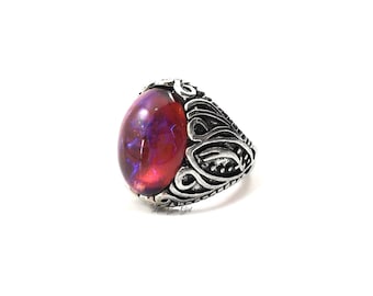 13x18mm Czech Glass Mexican Fire Opal Ring - Antique Silver Thick Swirl Band Dragons Breath Ring - Unisex Men Women