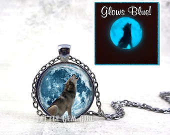 Glow in the Dark Howling Wolf Blue Moon Necklace or Key Chain Charm - Wolf Silhouette Glowing Full Moon Pendant