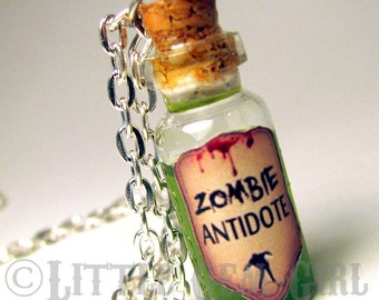 Zombie Antidote Necklace - Dead Walking Jewelry - Glass Bottle Cork Living Undead Necklace - Anti Virus Death Potion Charm - You Pick Color