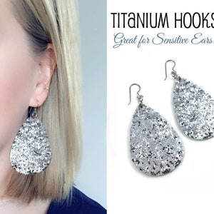 Silver Leather Teardrop Earrings Titanium Hooks Sensitive Ears - Silver Glitter Teardrop Earrings Hypoallergenic Trendy Drop Earrings