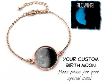 Rose Gold Custom Glowing Moon Bracelet with 1 to 4 Moons - Personalized Glow in the Dark Birth Moon Phase Bracelet - Birthday Moon Jewelry