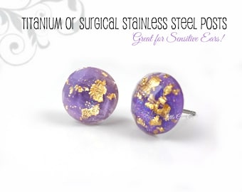 10mm Light Purple Gold Studs - Soft Lavender Glitter Stud Earrings Gold Foiled Faceted Titanium or Stainless - Purple Glitter Gold Studs