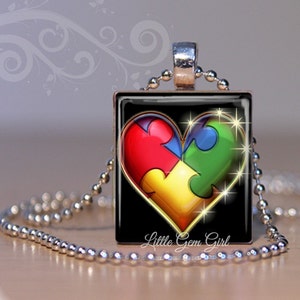 Autism Awareness Necklace Pendant - Autism Support Puzzle Heart Charm -  Autistic Child Scrabble Tile