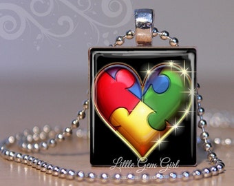 Autism Awareness Necklace Pendant - Autism Support Puzzle Heart Charm -  Autistic Child Scrabble Tile