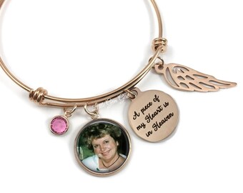 Aangepaste foto roségouden miskraamarmband - A piece of my Heart is in Heaven sieraden - Gepersonaliseerde herdenkingsarmband met engelenvleugel