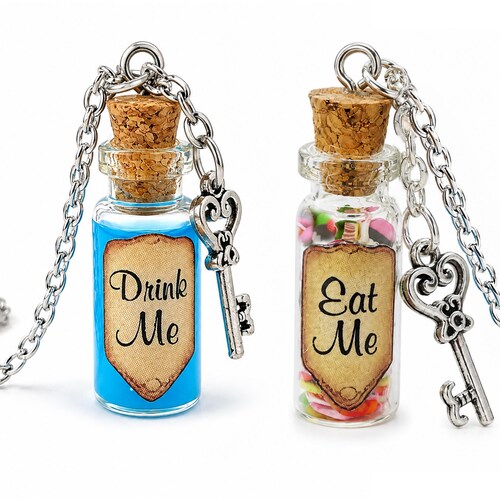 Eat Me Drink Me Bottle Necklace Set,  Alice's Adventures in Wonderland, Blue Shimmer Liquid, Key Charm, Friendship Necklace Gift Set