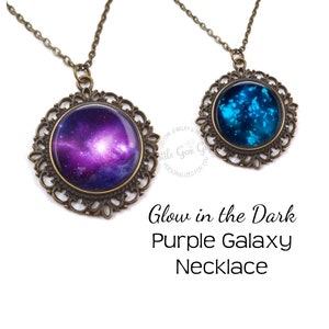Glow in the Dark Galaxy Jewelry Glowing Purple Galaxy Necklace Outer Space Stars Pendant Vintage Style Bronze Pendant Necklace image 1