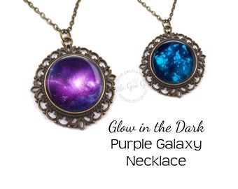 Glow in the Dark Galaxy Jewelry - Glowing Purple Galaxy Necklace - Outer Space Stars Pendant Vintage Style Bronze Pendant Necklace