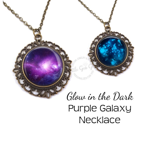 Glow in the Dark Galaxy Jewelry - Glowing Purple Galaxy Necklace - Outer Space Stars Pendant Vintage Style Bronze Pendant Necklace