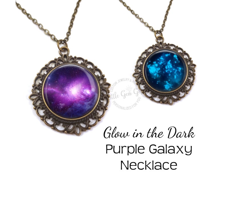 Glow in the Dark Galaxy Jewelry Glowing Purple Galaxy Necklace Outer Space Stars Pendant Vintage Style Bronze Pendant Necklace image 1