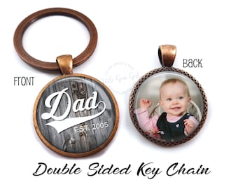 Customized Father's Day Dad Photo Key Chain Charm - 8 Designs, Double Sided Personalized Picture Key Chain with Established Date