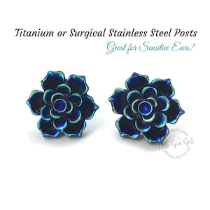 20mm Iridescent Blue Black Succulent Stud Earrings, Titanium or Stainless Steel Posts, Sensitive Ears, Peacock Flower Earrings