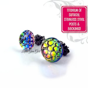 Rainbow Dragon Egg Earrings - 7mm or 9mm Round Color Changing Stud Earrings Titanium or Stainless Steel Posts - Mermaid Scale Earrings