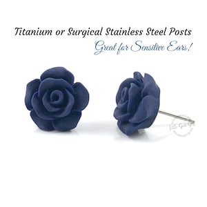 13mm Navy Blue Rose Earrings - Matte Blue Rose Studs - Hypoallergenic Sensitive Ears Titanium or Stainless Steel Posts