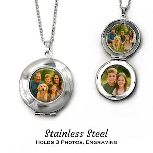 May include: Stainless steel locket necklace with a round pendant. The pendant opens to reveal space for three photos. The locket is shown closed and open, displaying family photos. The necklace has a silver chain.