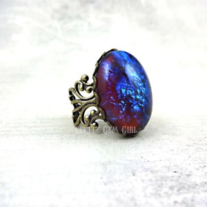 Czech Glass Mexican Opal Dragons Breath Large Oval Ring, 18x25mm Glass Stone Antique Bronze Ring - Blue Red Dragon Fire Opal Fantasy Ring