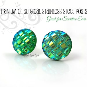 12mm Blue Green Crystal Earrings - Iridescent Green Scale Earrings - Titanium or Stainless Steel Studs - Color Shifting Green Faux Druzy