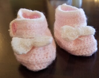 Pink and White Booties with a cute Little Bow Baby Slippers Measures 3 Inches Toe to Heel