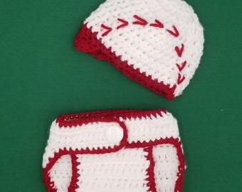 Baseball Diaper Set for New Borns. Includes base ball Hat and Diaper Cover Adjustable waist