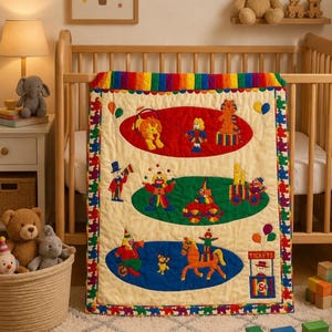 May include: A colorful circus-themed quilt with a cream background and a rainbow border. The quilt features embroidered circus performers, including a lion, tiger, clowns, and a horse rider. The quilt is displayed on a wooden crib.