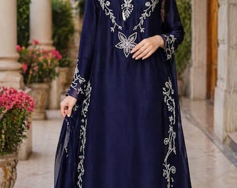 Navy Blau Perlen bestickt Maxi Kleid | Pakistanische formale Hochzeit Eid Outfit