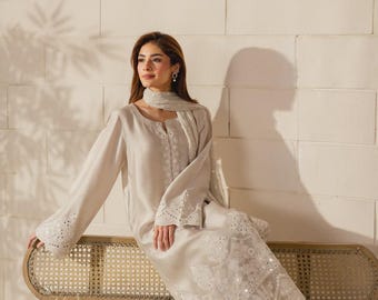 Ivory Pakistani Salwar Kameez | Mirror Work Sheesha Silk Suit | Luxury Wedding Guest Dress | Embroidered 3 Piece Eid Outfit | Custom Size