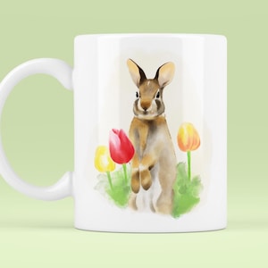 Hello Spring Mug, Easter Bunny Mug, Spring Ceramic Coffee Cup, Floral Tulip Drinkware, Gift for Spring, Watercolor Bunny Mug Gift, Bunny Mug