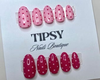 Pink Polka Dot Press on Nails  l Handmade Press On Gel Acrylic Nails  l Pink Press On Nails l Hand Painted Acrylic Gel Nails