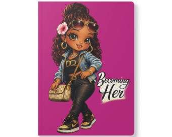 Diario "Becoming Her" para chicas adolescentes / Cuaderno rosa de tapa blanda / Regalo de personaje de chica afro