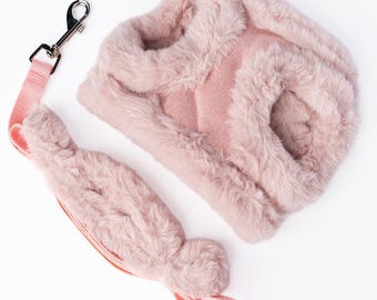Soft Pink Dog Harness & Leash Set | Small Dog Harness | Cute Puppy Harness Girl | Adjustable Aesthetic Dog Harness | Cozy Faux Fur Harness