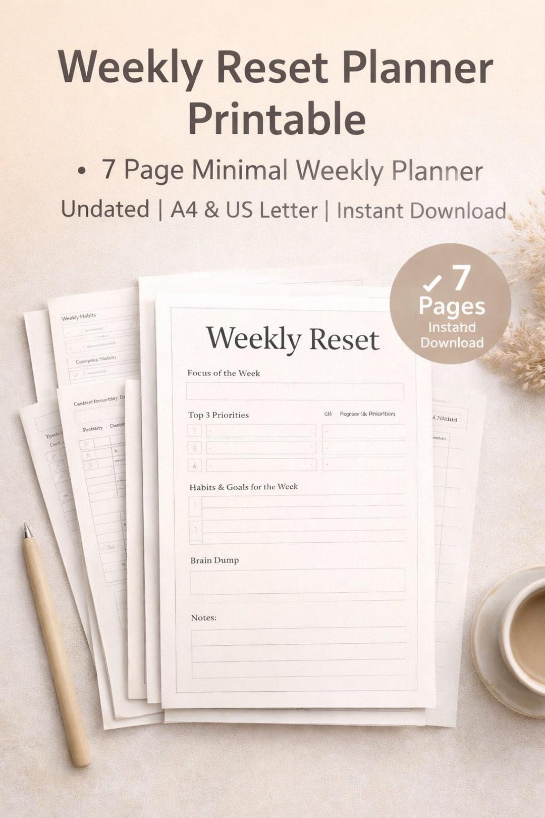Weekly Reset Planner Printable – 7 Page Minimal Planner | Undated | A4 ...