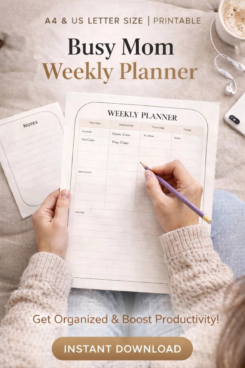Busy Mom Weekly Planner Printable | Beige Minimalist Design (instant ...