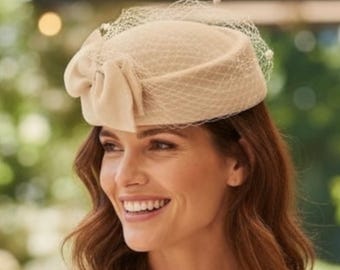 French Ivory Bridal Pillbox Hat – Vintage Wedding Hat with Birdcage Net, Boho Civil Bride Headpiece