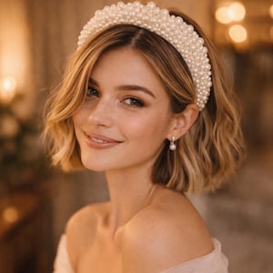 May include: A woman with short, wavy blonde hair wearing a pearl-studded headband and pearl earrings. The headband is thick and covered in small, round pearls. The earrings are simple pearl studs. The woman is smiling.