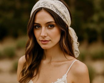 Ivory Lace Bridal Headband – Embroidered Lace Hair Scarf for Boho Wedding