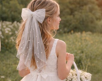 White Tulle Bow with Pearls – Flower Girl Hair Bow, First Communion Hair Accessory