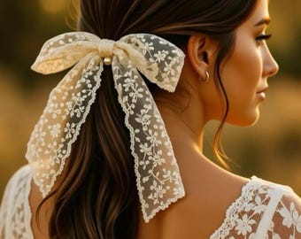 Bridal Hair Tie, Pearl Lace Bow Scrunchie, Boho Wedding Hair Accessory, Romantic Bridal Shower Gift, Engagement Hair Piece