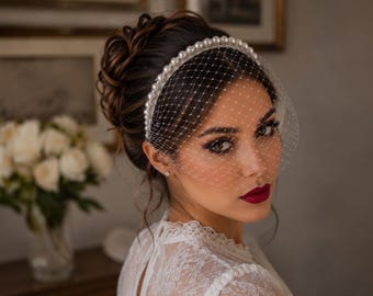 Pearl Birdcage Veil Headband for Bride, Vintage Bridal Fascinator, White Net Veil, Elegant Wedding Hair Accessory, Old Hollywood Style