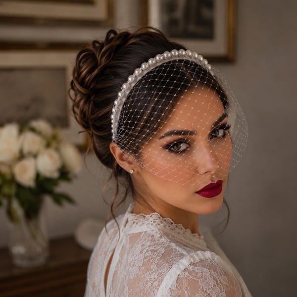 Pearl Birdcage Veil Headband for Bride, Vintage Bridal Fascinator, White Net Veil, Elegant Wedding Hair Accessory, Old Hollywood Style