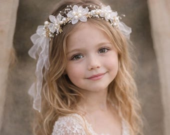 Flower Girl Headpiece with Pearls and Acrylic Flowers – Ivory Organza Ribbon Hair Vine, Gold Wire Flower Girl Crown